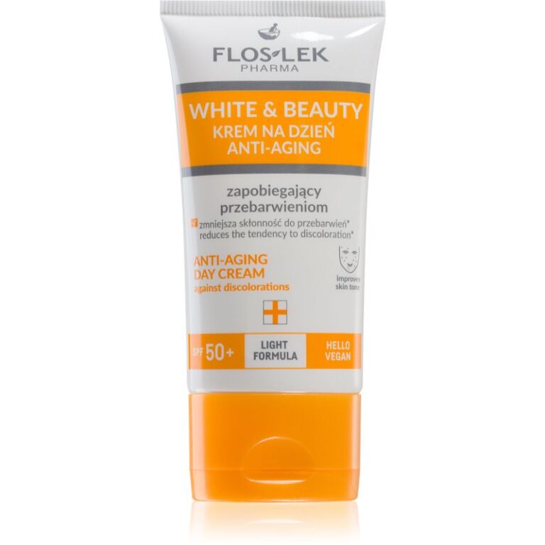 Weiße und orange Tube mit Anti-Aging Tagescreme LSF 50+, vegane Formel. Weiße und orange Tube mit Anti-Aging Tagescreme LSF 50+, vegane Formel.