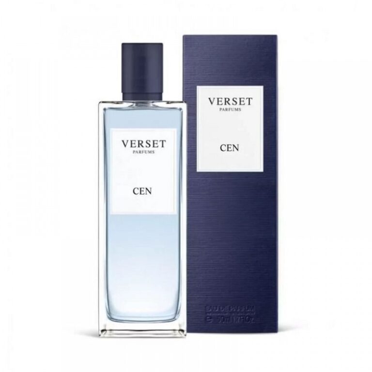 Transparente Flasche und dunkelblaue Parfümverpackung mit Aufschrift „Verset Parfums CEN“. Transparente Flasche und dunkelblaue Parfümverpackung mit Aufschrift