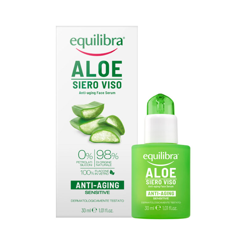 Grünes Aloe-Gesichtsserum neben weißer Verpackung mit Anti-Aging-Informationen. Grünes Aloe-Gesichtsserum neben weißer Verpackung mit Anti-Aging-Informationen.