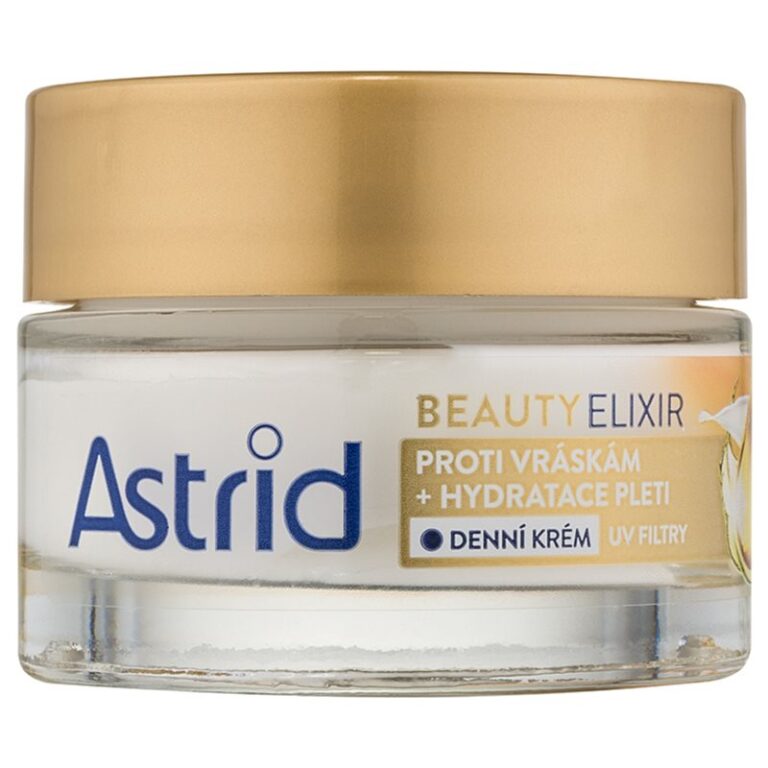 Glasbehälter mit goldfarbenem Deckel, Aufschrift „Astrid Beauty Elixir“, Anti-Aging-Creme. Glasbehälter mit goldfarbenem Deckel, Aufschrift
