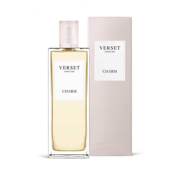 Parfümflasche von Verset Charm und passende Verpackung in neutralem Design.