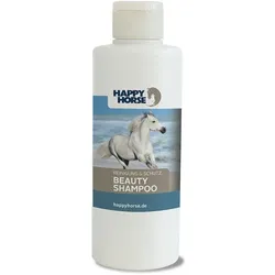 Weiße Flasche mit Happy Horse Beauty Shampoo und Pferdebild auf dem Etikett.