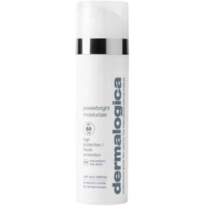 Weiße Flasche Dermalogica PowerBright Moisturizer mit schwarzem und grauem Text.