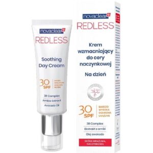 Novaclear Redless Tagescreme Verpackung mit Tube, SPF 30 und Zutatenhinweisen.