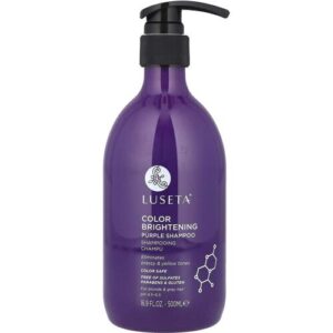 Lila Shampoo-Flasche mit Pumpspender und weißer Aufschrift auf Vorderseite.