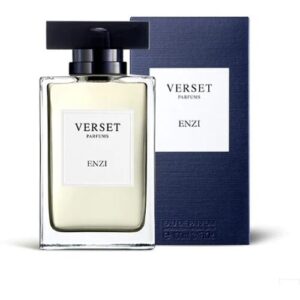 Parfumflasche von Verset neben passender dunkelblauer Verpackung.