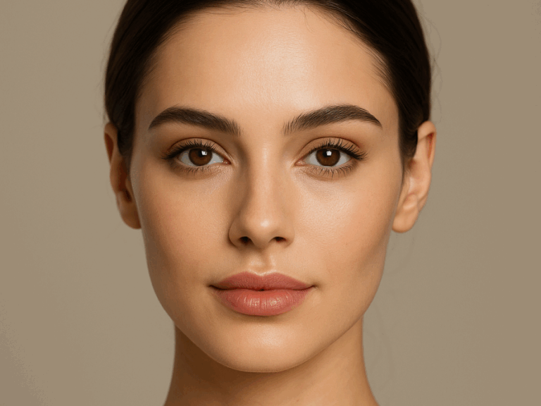 Nahaufnahme eines symmetrischen Gesichts vor neutralem Hintergrund