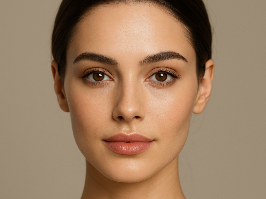 Nahaufnahme eines symmetrischen Gesichts vor neutralem Hintergrund